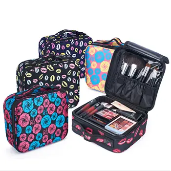 Polyester Printing Rose Lipstick And Brush Compartment Designer Vanity Case